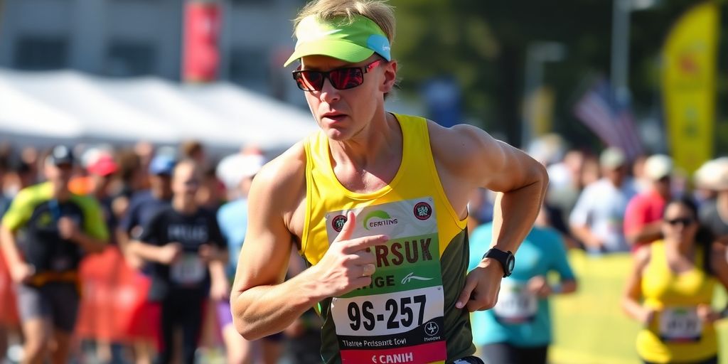 Runner sprinting during a 5K race on a sunny day.