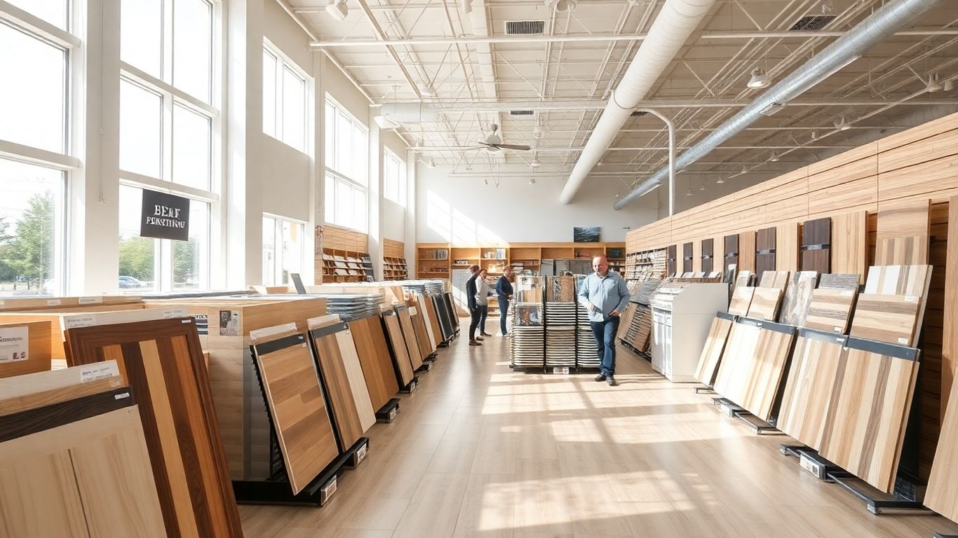 Modern flooring showroom with customers browsing tile and wood samples.