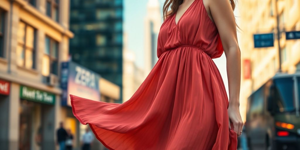 Stylish woman in Zara dress, city background.