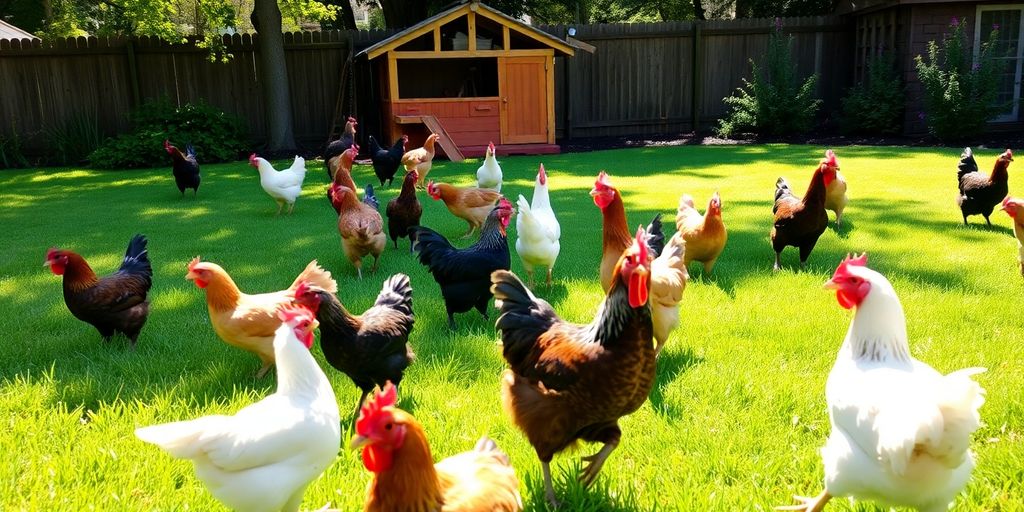 Chickens exploring a sunny backyard with a coop.