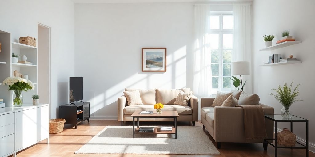 Bright and tidy living room with clean furniture and decor.