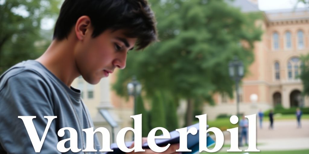Person studying with Vanderbilt campus in background.