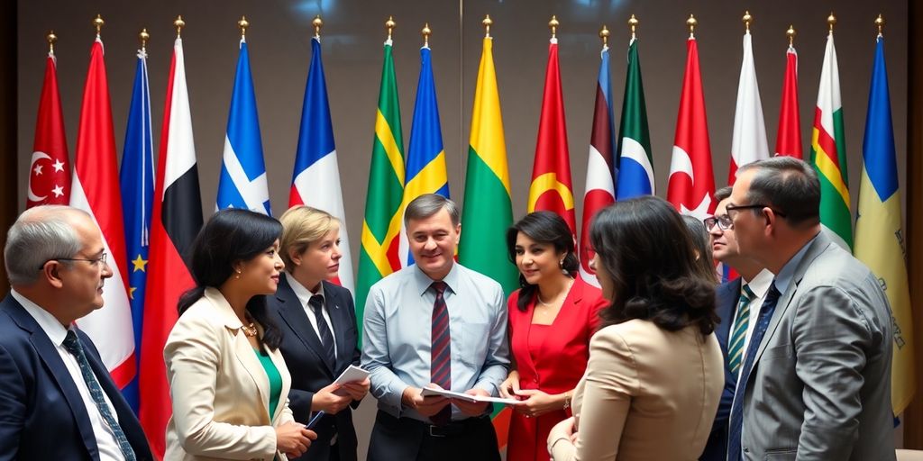 Diverse officials discussing with flags in the background.