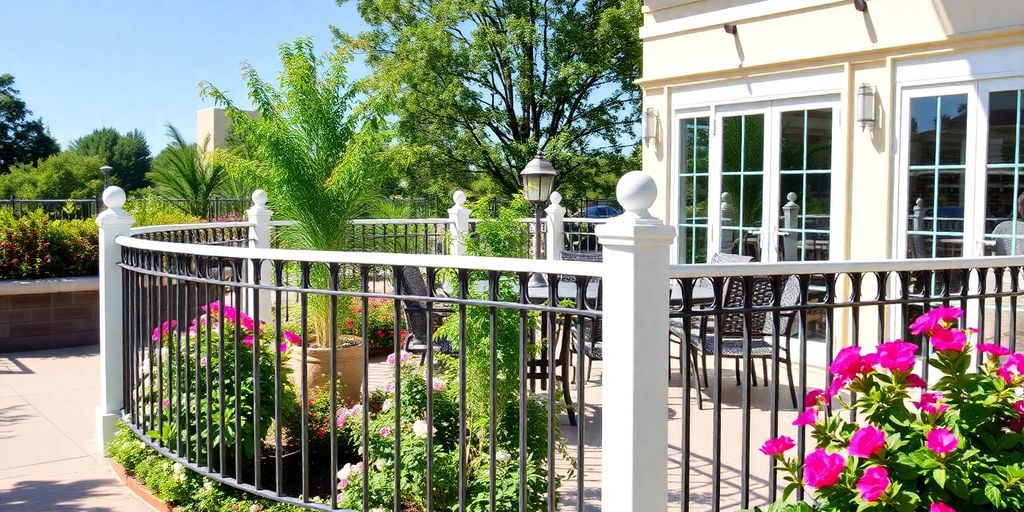 Stylish outdoor railings enhance the beautiful patio setting.