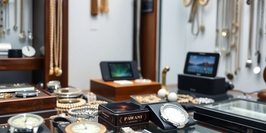 Vitrine d'un mont-de-piété avec des objets précieux.