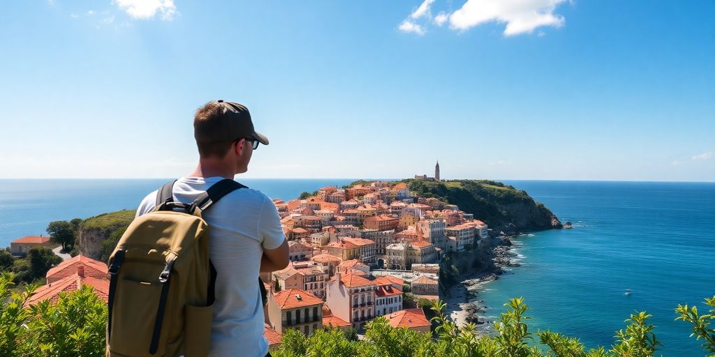 Tourist enjoying scenic Portugal coast with historic architecture.