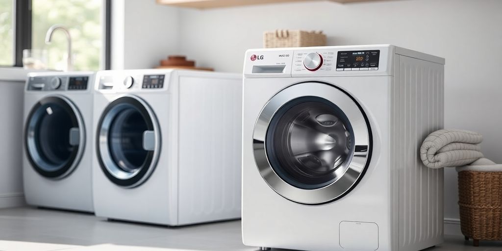 Moderne LG Waschmaschine W4WR70E6Y in der Wäschekammer.