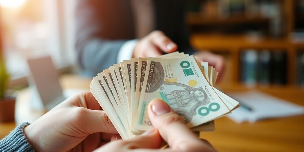 Femme souriante tenant un reçu, un portefeuille ouvert.