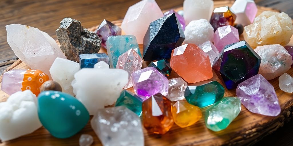 Varie pietre colorate su una superficie di legno.