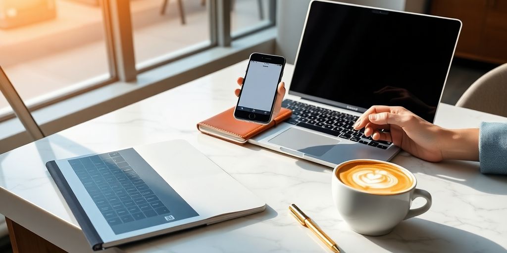 Birou modern cu laptop elegant, smartphone, notebook piele, ceașcă cappuccino