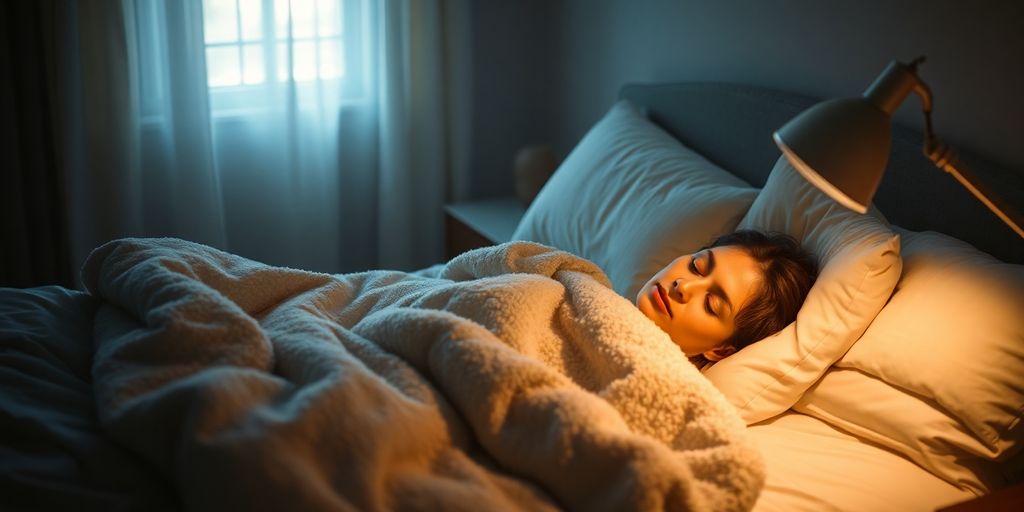 Peaceful bedroom, soft light, cozy blankets, sleeping person.