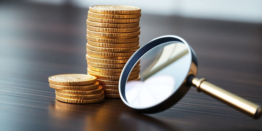 Pièces d'or empilées avec une loupe sur une table en bois.