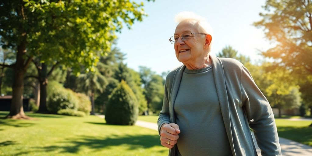 Elderly person smiling and walking outdoors
