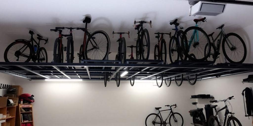 Bikes stored on garage roof using innovative storage solutions.