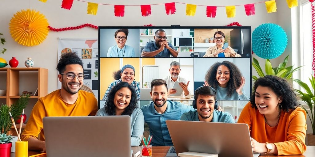 Diverse team enjoying virtual activities together on screens.