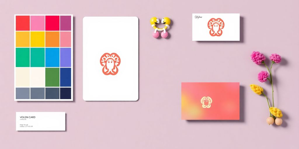 Colorful branding kit with palette and logo.