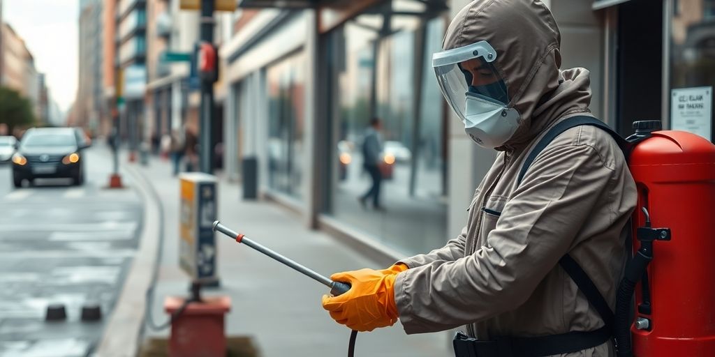Tehnician deratizare aplicând soluții în oraș.