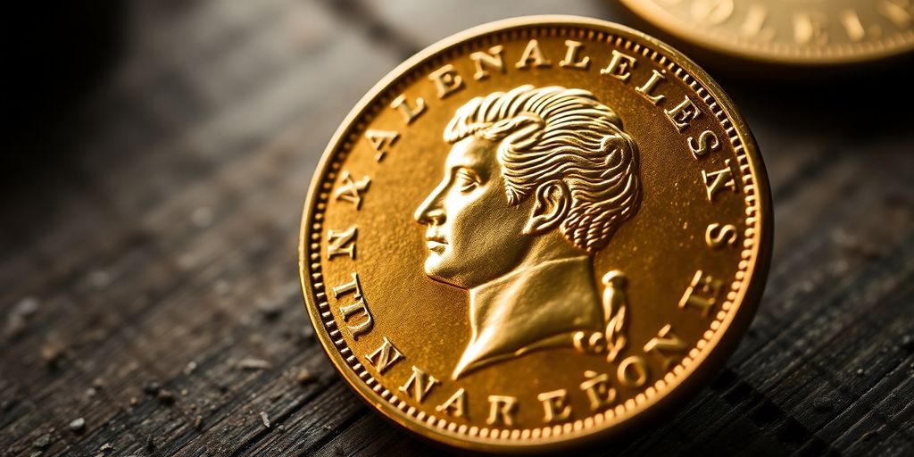Pièce en or de Napoléon sur une table en bois.