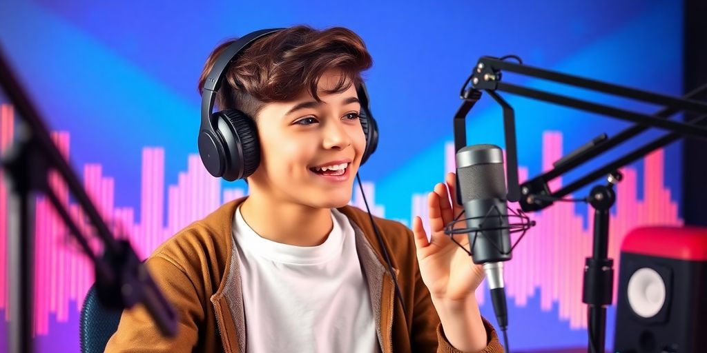 Young podcaster speaking into a microphone with headphones.