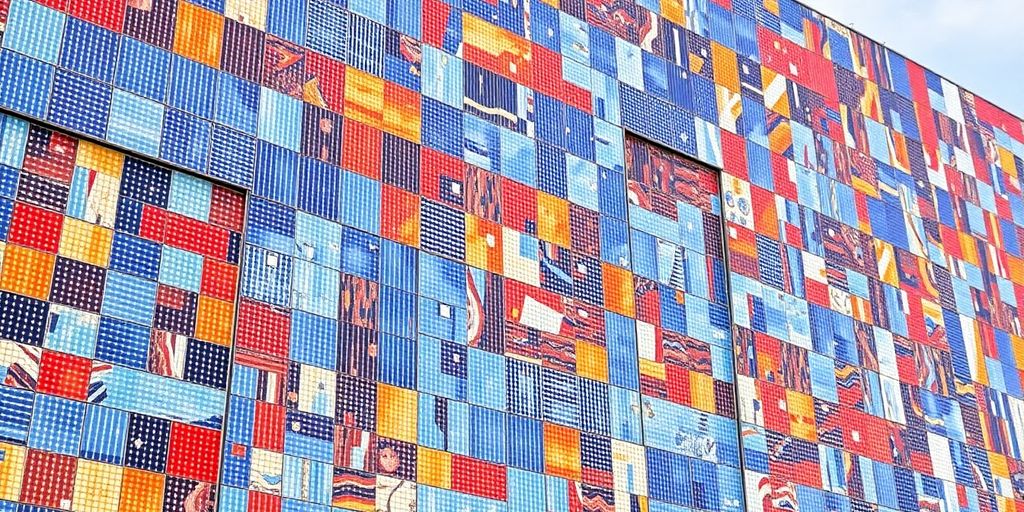 Vibrant solar panel mural on a large building.