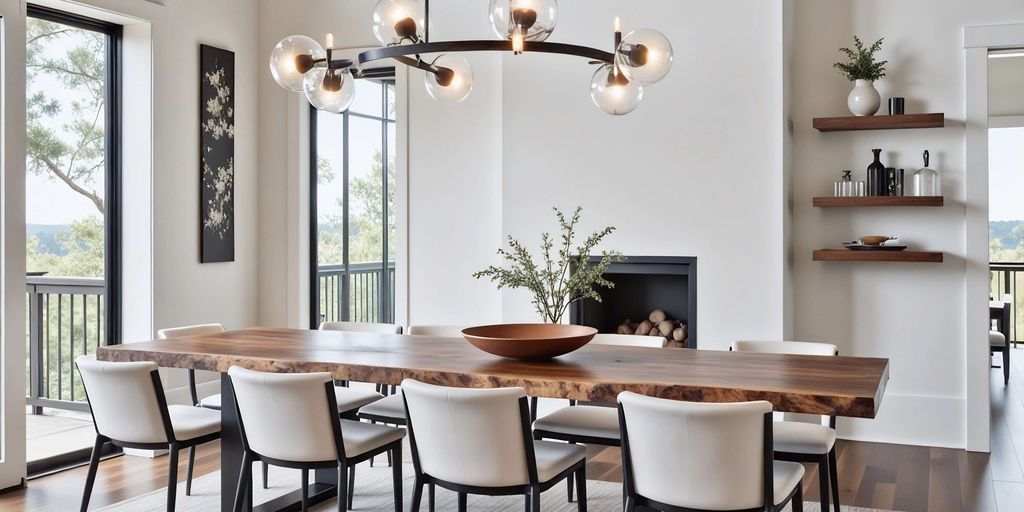 Modern dining room with a large table and stylish decor.