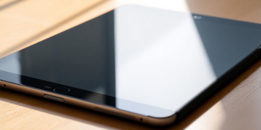 iPad Air in a durable case on a wooden table.