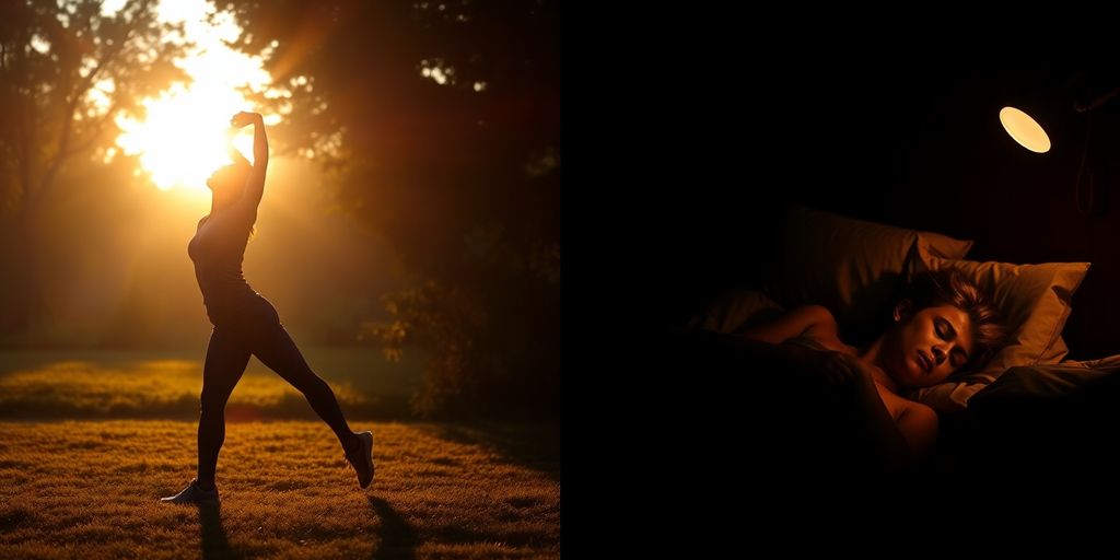 Person stretching at sunrise, person sleeping peacefully in bed.