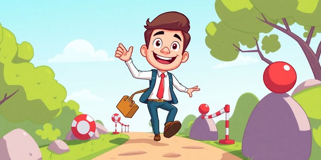 Cartoon businessperson avoiding pitfalls.