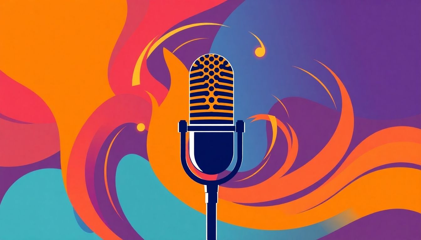 Podcast cover art with a microphone and abstract colorful shapes.