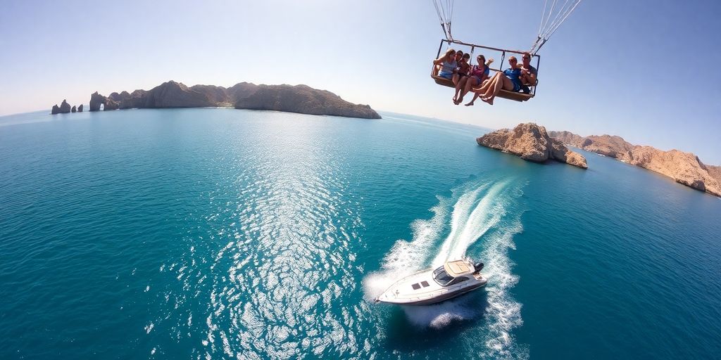 Tourists parasailing over blue ocean, Cabo coastline visible.