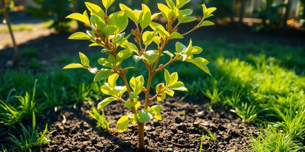 Photograph of a young Winesap apple tree in a garden.