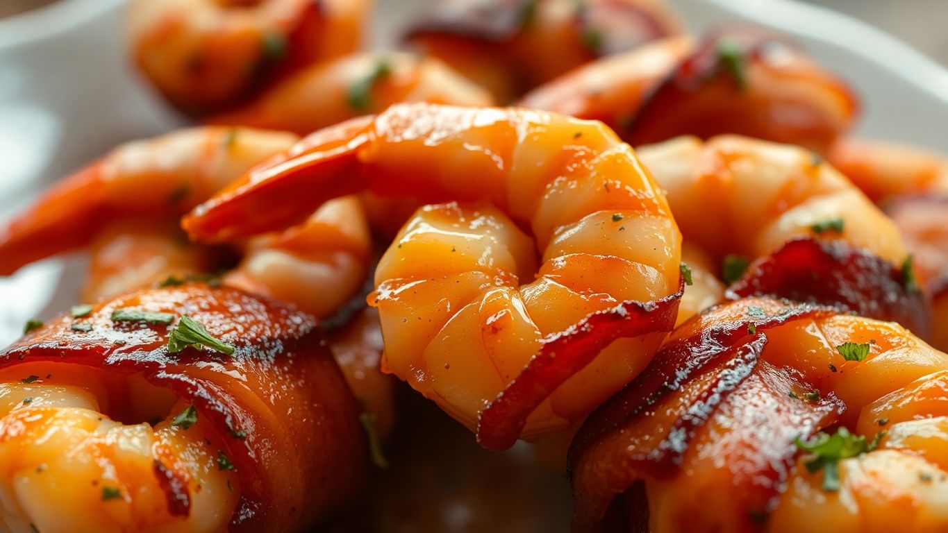 Camarão enrolado em bacon defumado, prato apetitoso.