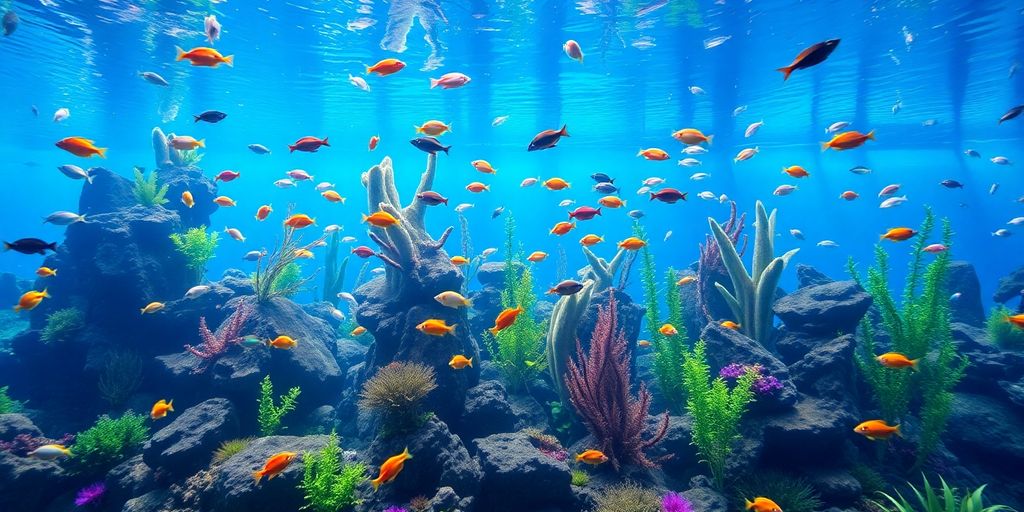 Large aquarium with colorful fish and aquatic plants.