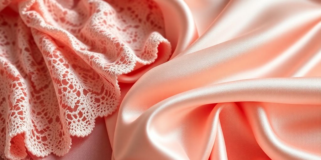 Close-up of lace, silk, and satin underwear fabrics.