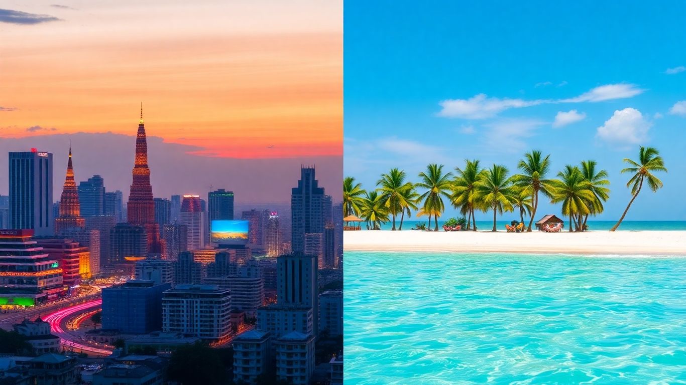Bangkok cityscape contrasted with a tranquil Phuket beach scene.