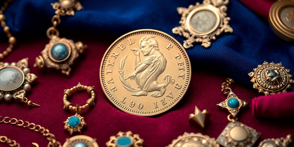 Pièce en or Napoléon entourée d'objets précieux.