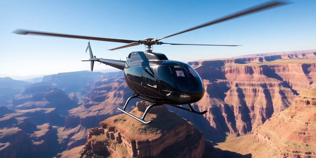 A modern helicopter flying over the Grand Canyon South Rim.