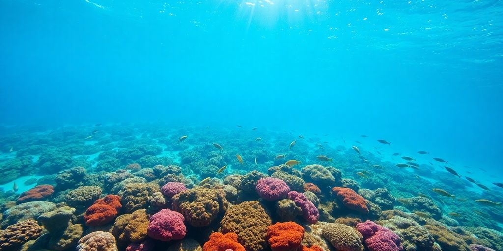 Clear turquoise water over vibrant coral reef teeming with fish.