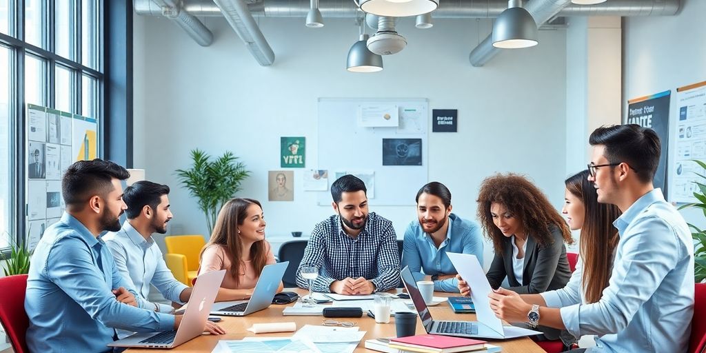 Team aus Werbefachleuten bei der Arbeit in einem Büro.