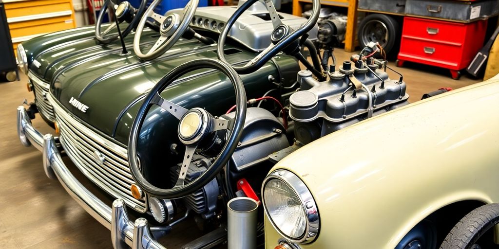 Assortment of classic Mini car parts.