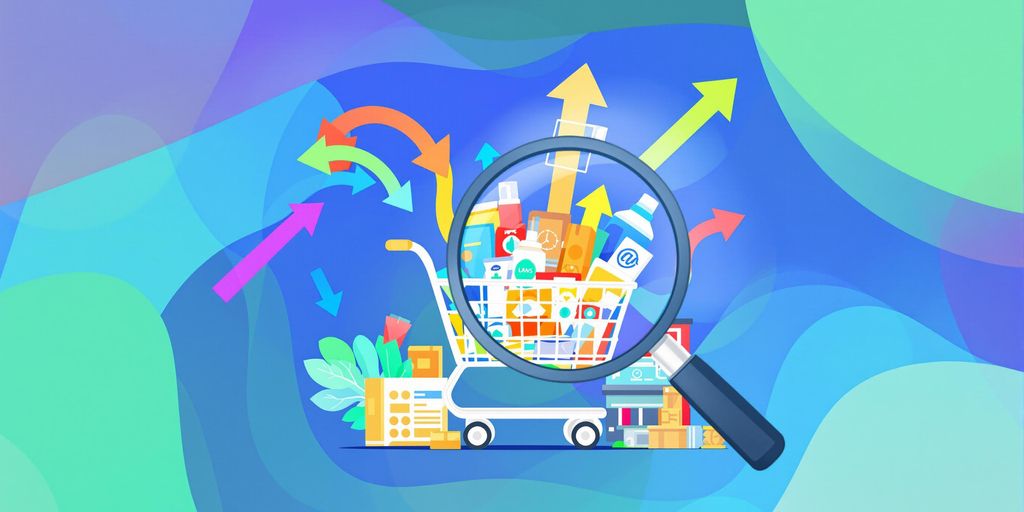 Magnifying glass over a shopping cart with products.