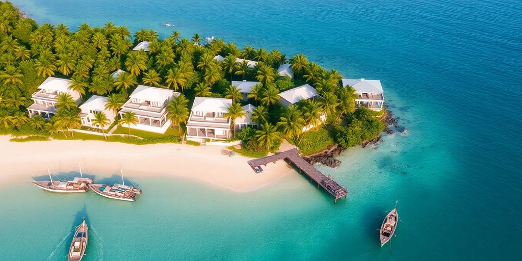 Coastal hillside villas overlooking turquoise sea with swaying palm trees