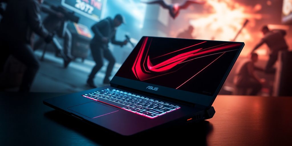 Notebook gamer ASUS ROG Zephyrus G14 em fundo dinâmico.