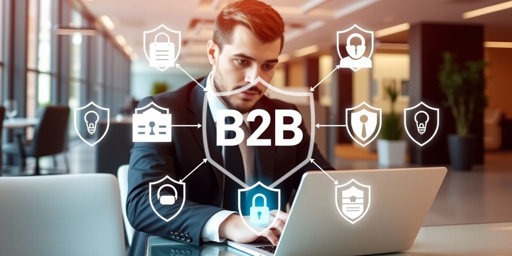 Professional working on laptop with cybersecurity icons.