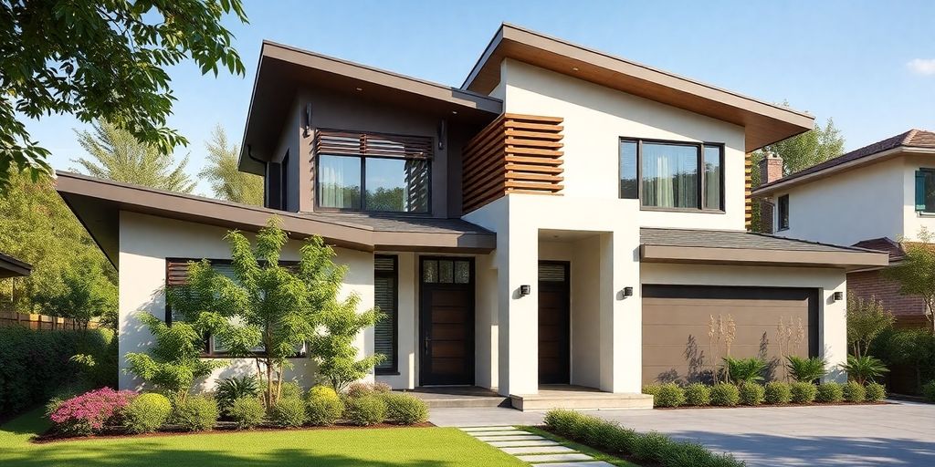 Modern home with innovative roofing and beautiful landscaping.