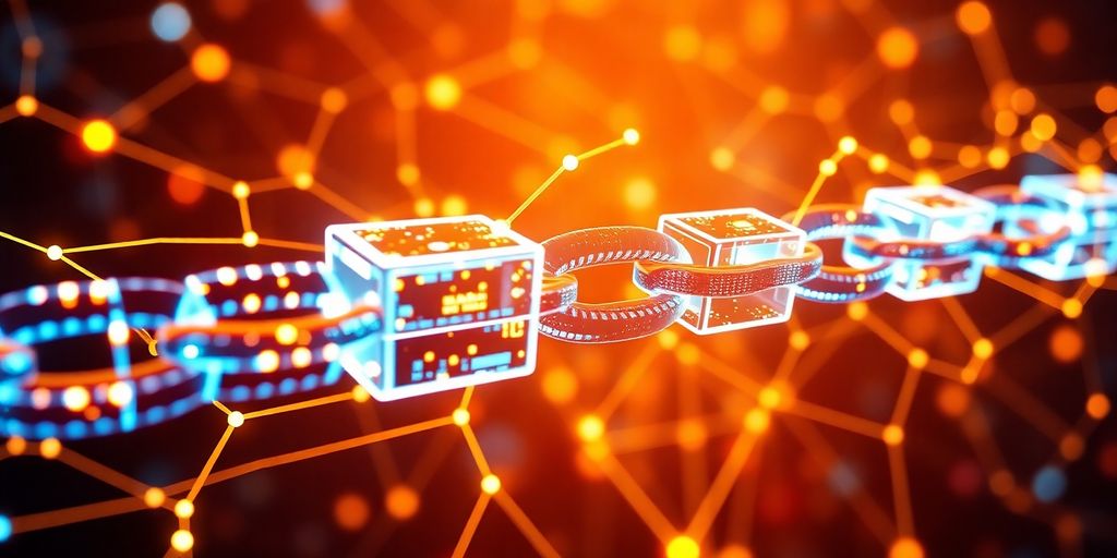 Interconnected digital blocks forming a secure chain.