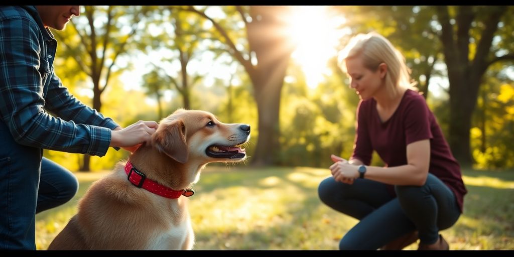 Trainer working with a focused rescue dog outdoors.
