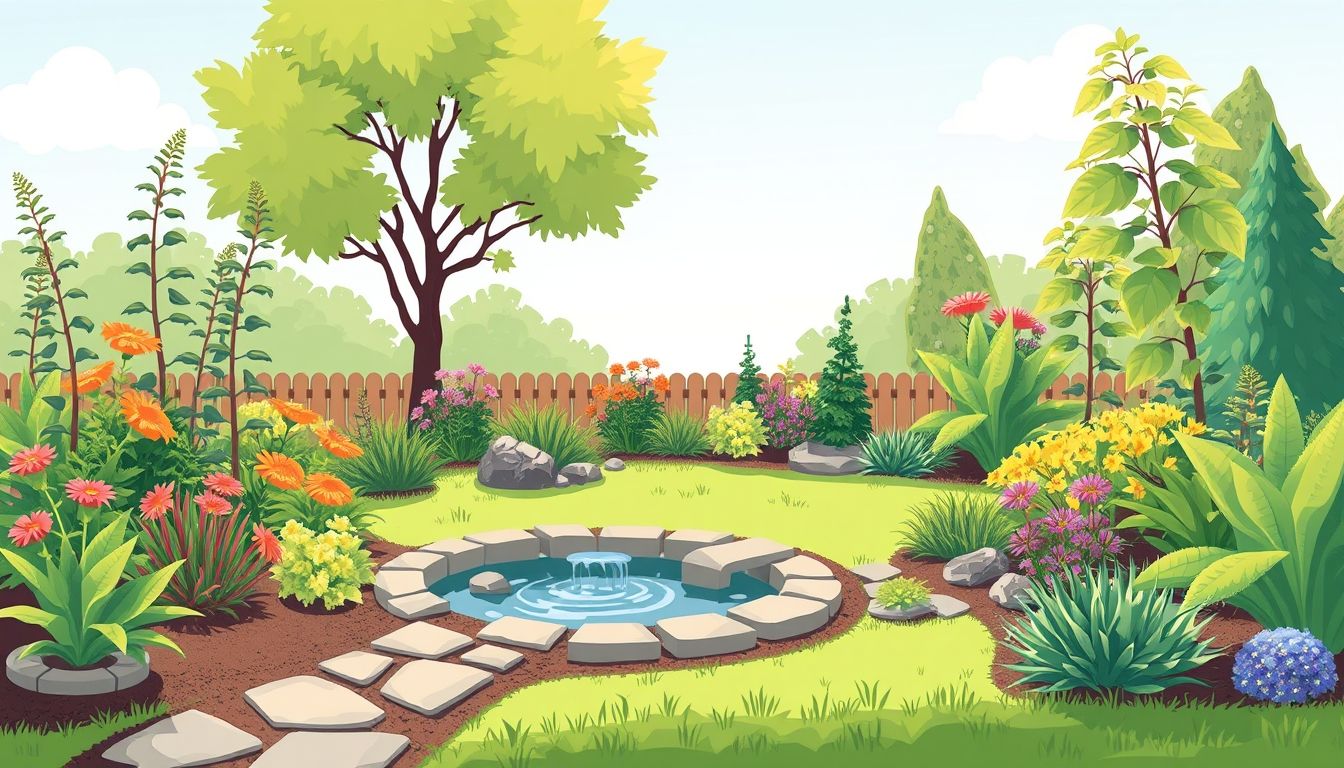 Illustrative garden with low-maintenance plants and stone pathway.