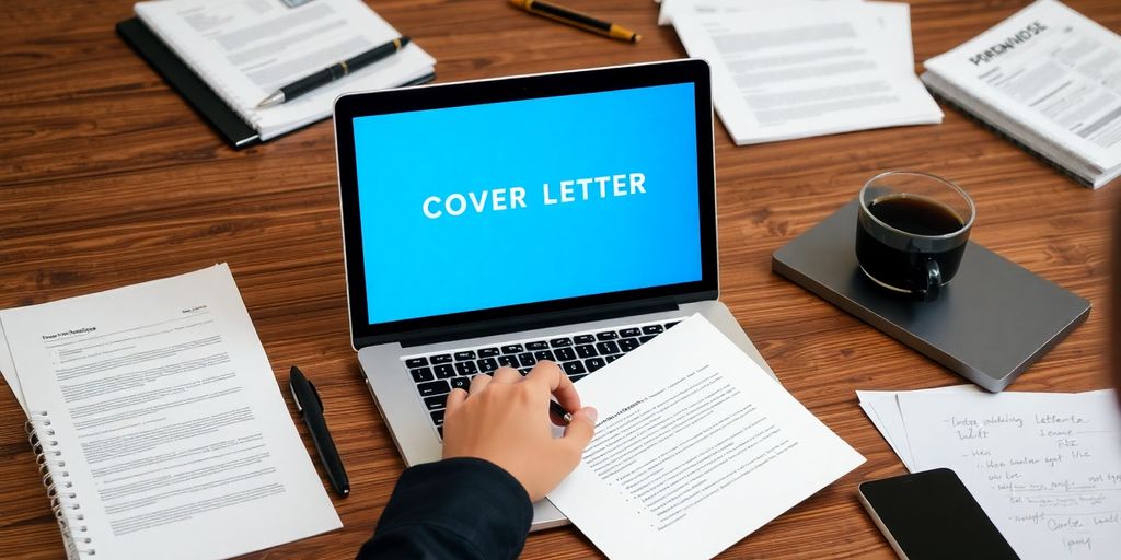 Person writing a cover letter in a professional setting.