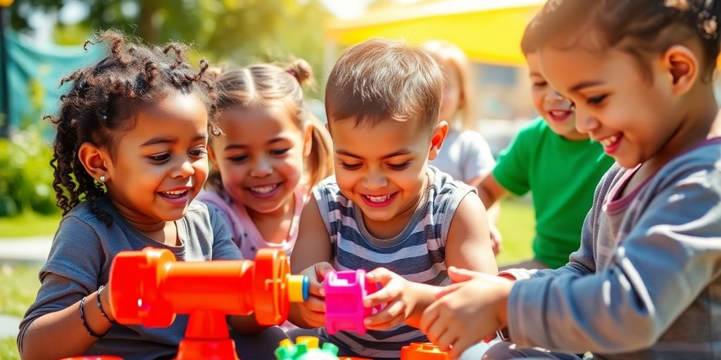 Joyful children exploring outdoors with colorful toys.